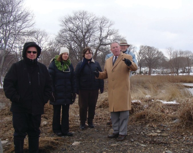 Rep. McNamara met with DEM and FoSG members to discuss restoration of the Salter Grove bridge(s). (Warwick Beacon photo)